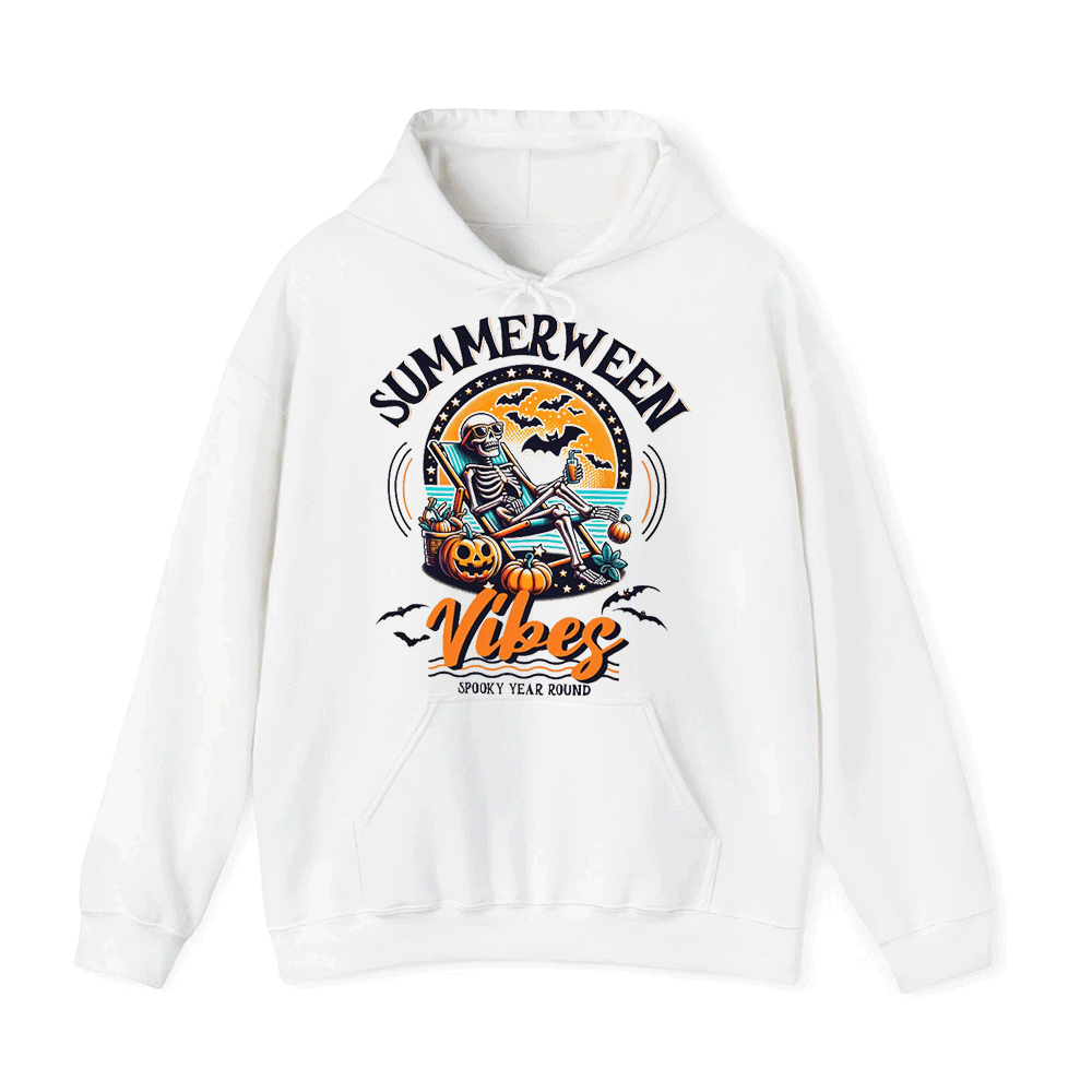 A white hoodie with a graphic design featuring a skeleton in a relaxed pose, surrounded by Halloween-themed elements such as bats, pumpkins, and a sunset. The text "SUMMERWEEN VIBES" is prominently displayed above the skeleton, and "SPOOKY YEAST ROUND" is written below it.