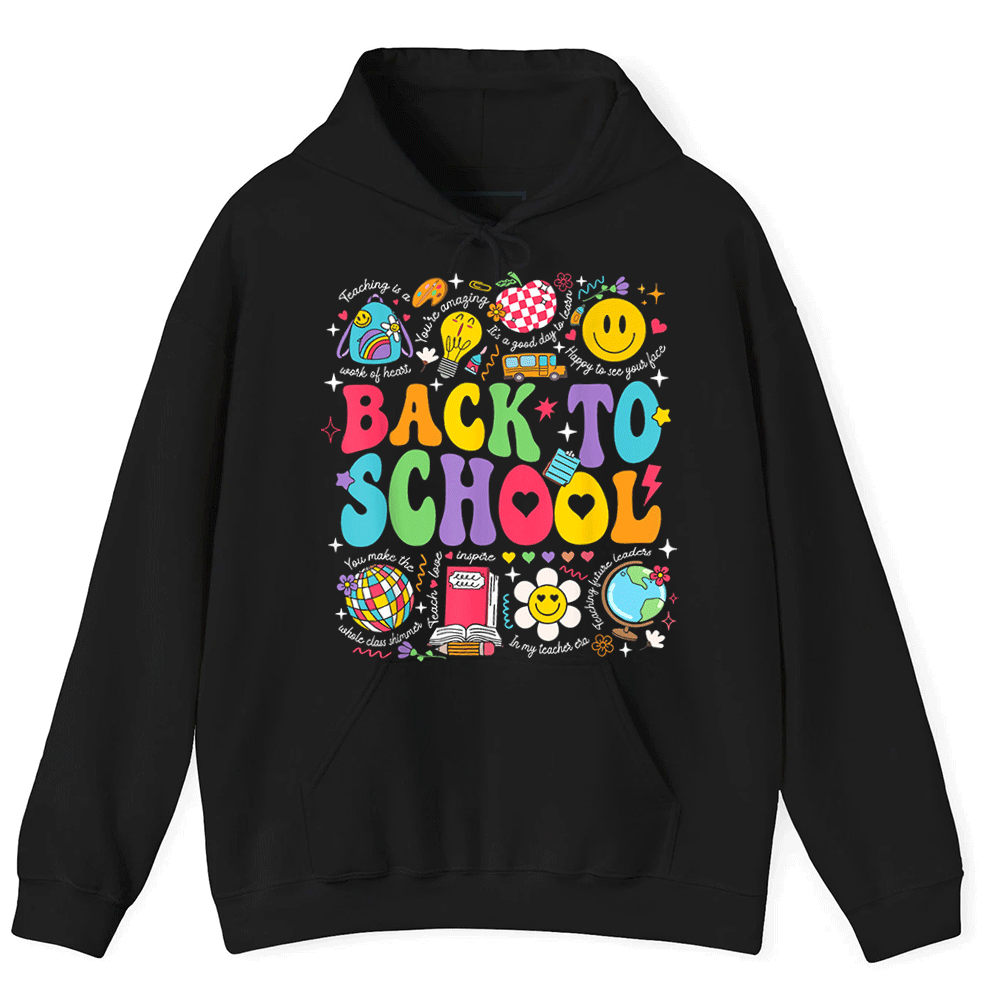A black hoodie with a colorful graphic design featuring various school-related icons and text, including a smiley face, globe, and other educational symbols.