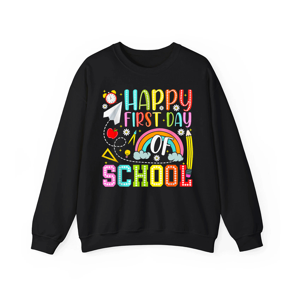 A black sweatshirt with a colorful graphic design that says "Happy First Day of School" and features various school-related icons and text.