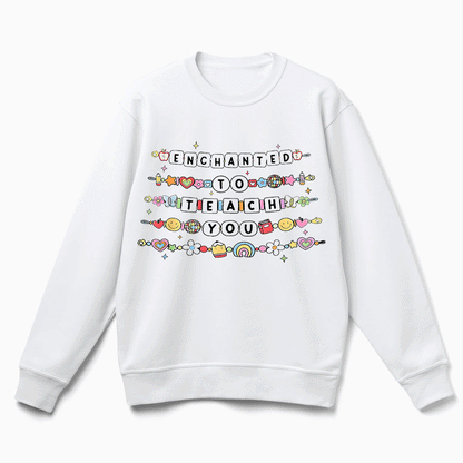 A white sweatshirt with a colorful graphic design featuring text and various icons.