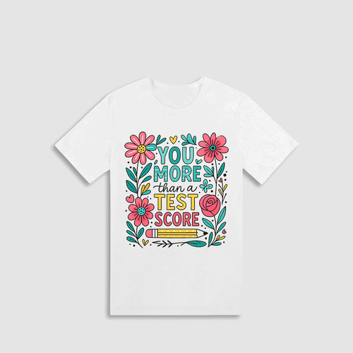 A white t-shirt with a colorful graphic design featuring flowers, leaves, and text that reads "YOU MORE THAN A TEST SCORE".