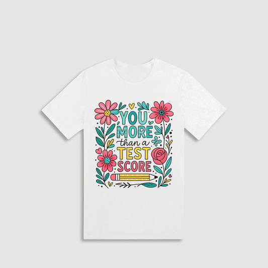 A white t-shirt with a colorful graphic design featuring flowers, leaves, and text that reads "YOU MORE THAN A TEST SCORE".