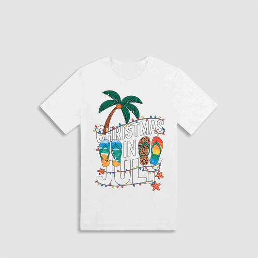 A white t-shirt with a graphic design featuring a palm tree, Christmas lights, and flip flops.