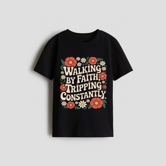 A black t-shirt with a floral design and text printed on it.