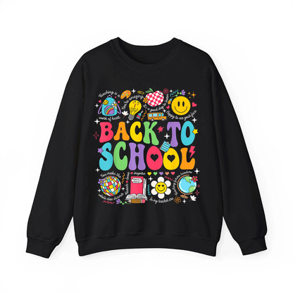 A black sweatshirt with a colorful graphic design featuring various school-related icons and text, including a smiley face, globe, book, and other school-related symbols.
