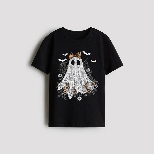 A black t-shirt with a graphic design depicting a ghost with a bow and flowers.