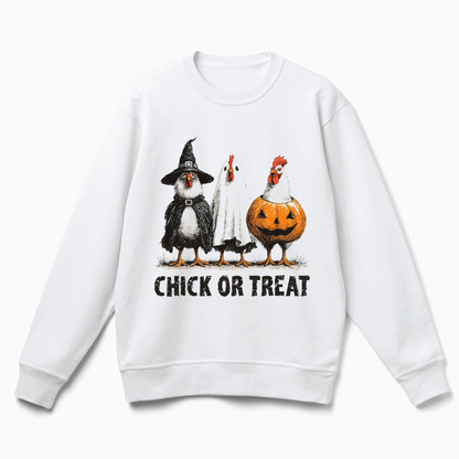 A white sweatshirt with a graphic design featuring three chickens dressed in Halloween costumes, including a witch's hat, a pumpkin, and a chicken with a carved face. The text below the image says "CHICK OR TREAT".