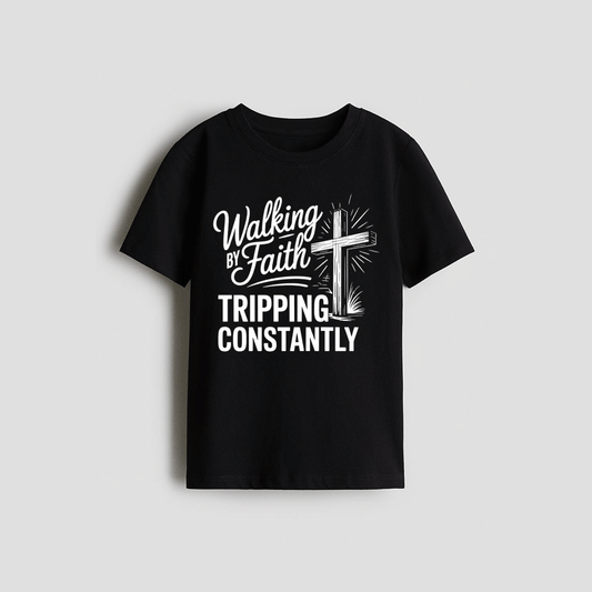 A black t-shirt with white text and graphics printed on it.