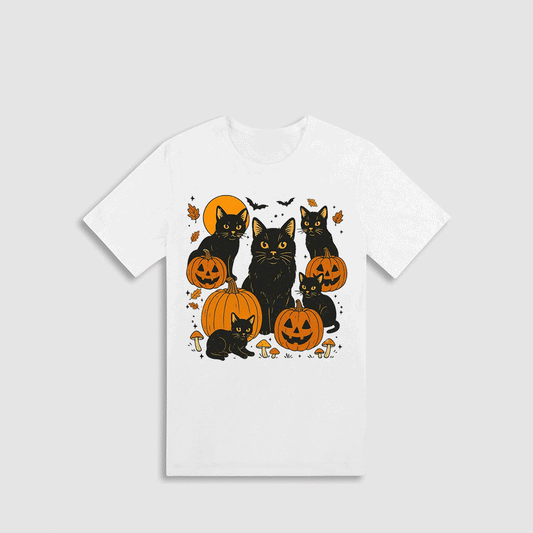 A white t-shirt with a graphic design featuring black cats surrounded by Halloween-themed elements such as pumpkins, bats, and mushrooms.