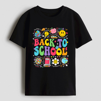 A black t-shirt with a colorful graphic design featuring various school-related icons and text, including a smiley face, globe, books, and other school-related symbols.