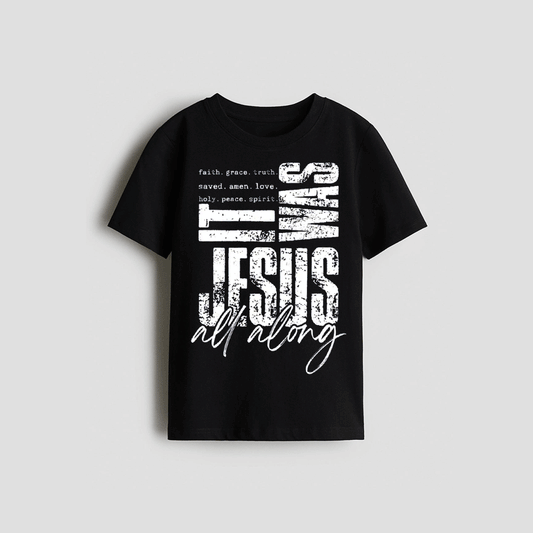 A black t-shirt with a white text design that reads "faith, grace, truth saved, amen, love holy, peace spirit, all along".