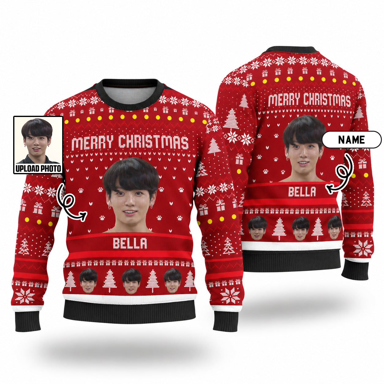 Personalized Funny Idol Ugly Christmas Sweater, Custom Photo and Name Kpop Fan Gift