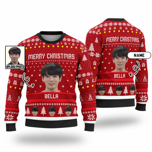 Personalized Funny Idol Ugly Christmas Sweater, Custom Photo and Name Kpop Fan Gift