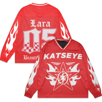 WAVESTEEᵀᴹ Katseye Red Beautiful Chaos Mesh Splicing Long Sleeved
