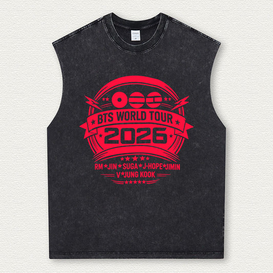 Vintage BTS World Tour 2026 Washed Tank Top – Unisex K-Pop Concert Merch