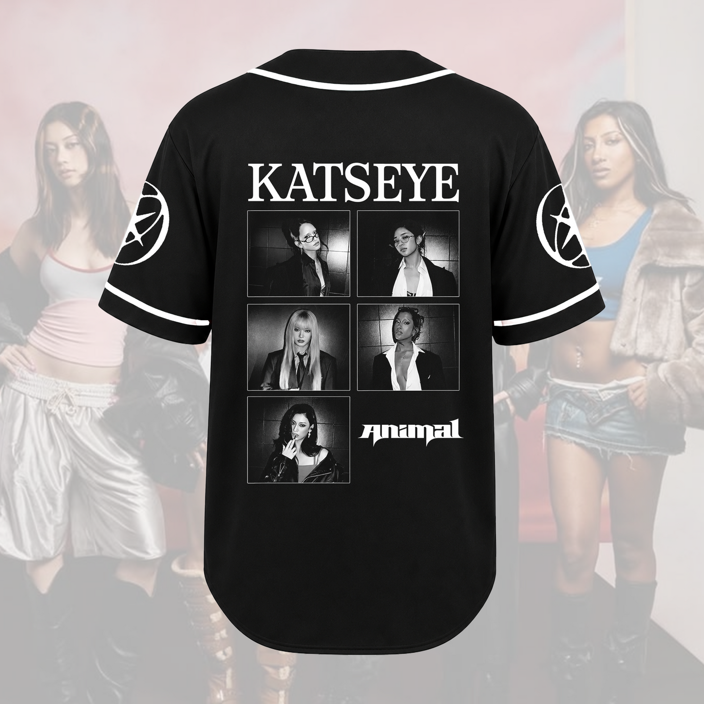 KATSEYE Animal Song Merch Black Monochrome Grid Graphic Baseball Jersey Fan Edition