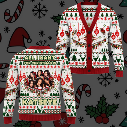 Cozy KATSEYE All I Want For Christmas Is You Festive Baubles Ugly Christmas Cardigan For Eyekons