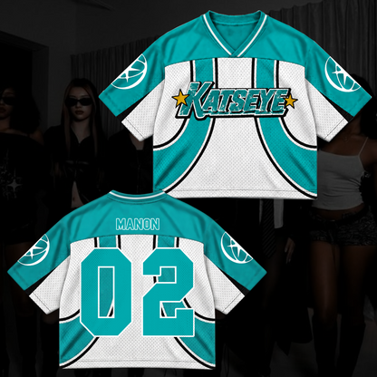 Katseye Wildworld Tour Retro Sporty Teal White Mixed Mesh Jersey Outfit For Eyekons