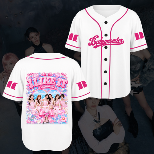 Upbeat I Like It Babymonster Pink Pop Baseball Jersey For Monstiez