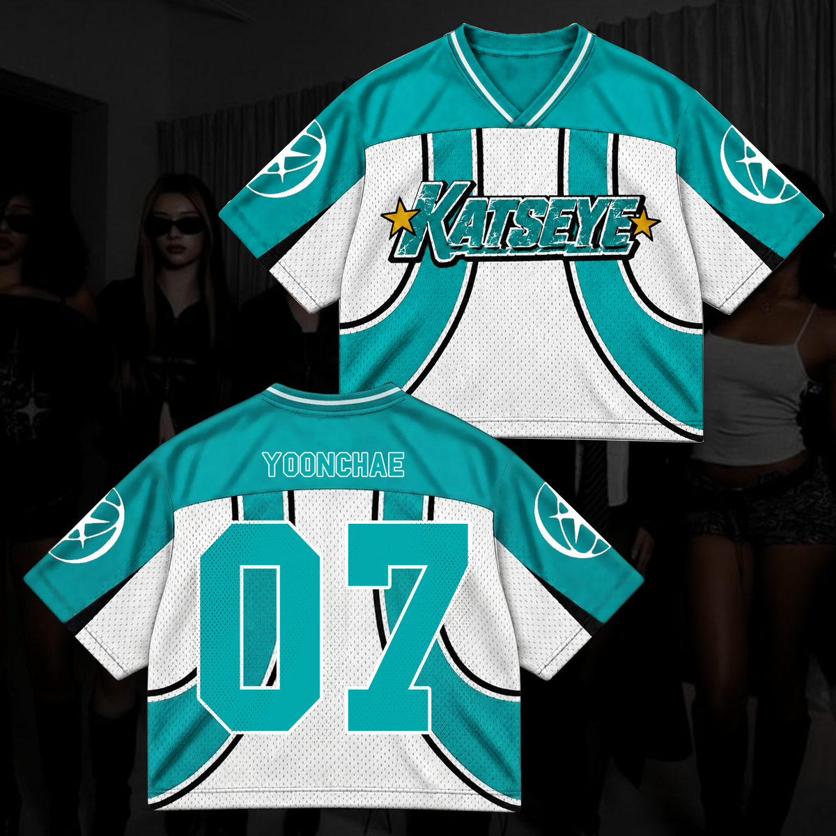 Katseye Wildworld Tour Retro Sporty Teal White Mixed Mesh Jersey Outfit For Eyekons