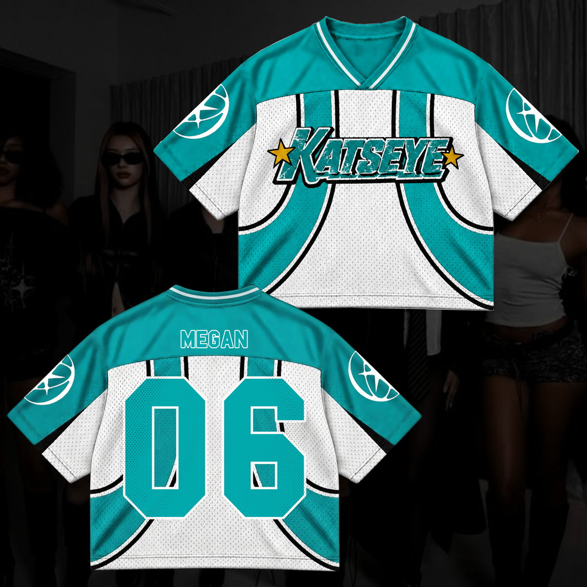 Katseye Wildworld Tour Retro Sporty Teal White Mixed Mesh Jersey Outfit For Eyekons