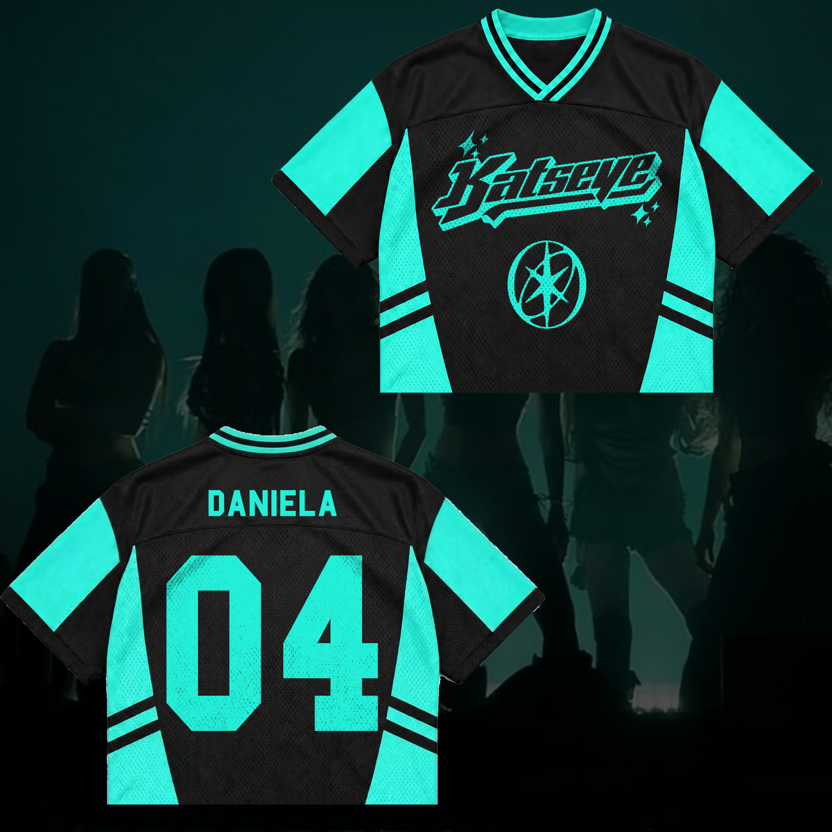 Katseye Wildworld Tour Retro Sporty Teal White Mixed Mesh Jersey Outfit für Eyekons