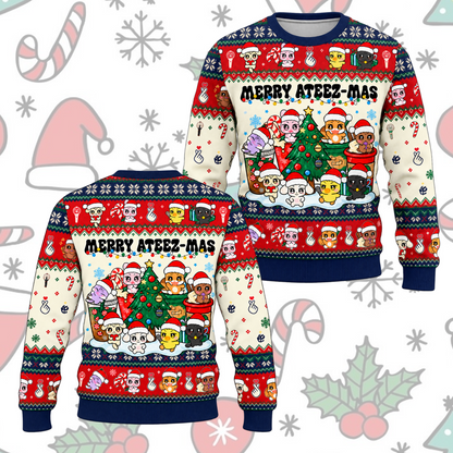 ATEEZ Christmas Ugly Sweater Merry Ateez-Mas Blue Collar Sweatshirt Gift For Fans