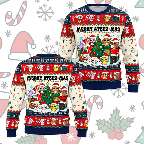 ATEEZ Christmas Ugly Sweater Merry Ateez-Mas Blue Collar Sweatshirt Gift For Fans