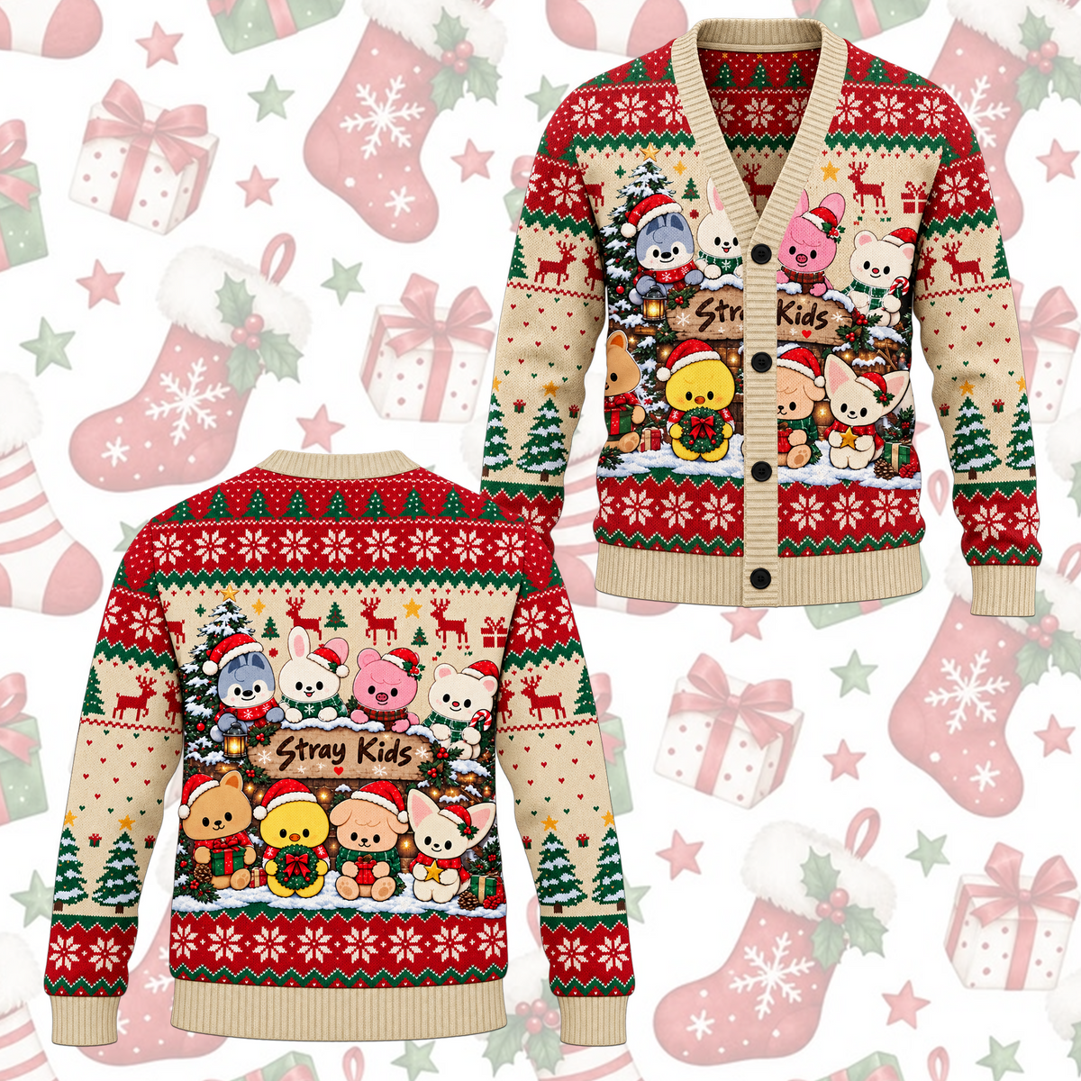 Stray Kids SKZOO Christmas Ugly Cardigan Winter Knit Sweater Gift For Fans