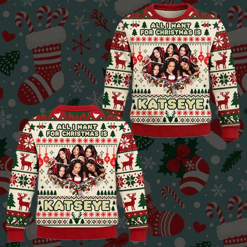 Red KATSEYE All I Want For Christmas Is You Festive Heart Ugly Christmas Sweater For Eyekons