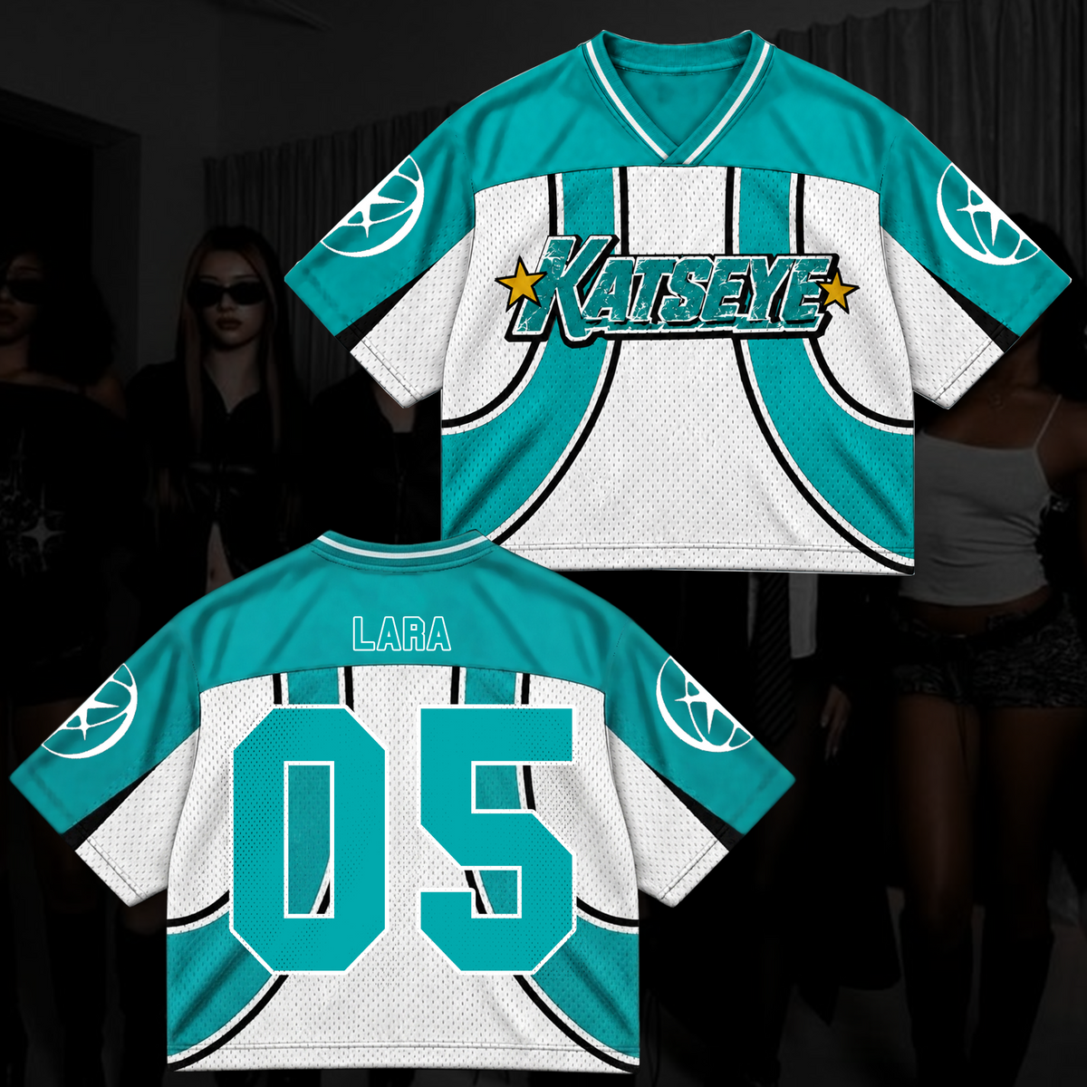 Katseye Wildworld Tour Retro Sporty Teal White Mixed Mesh Jersey Outfit For Eyekons