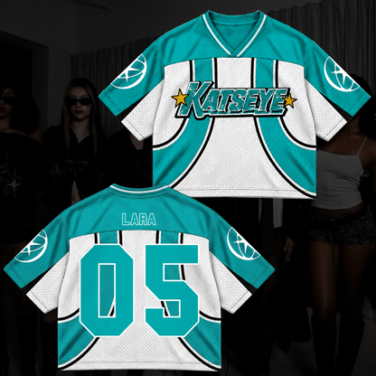 Katseye Wildworld Tour Retro Sporty Teal White Mixed Mesh Jersey Outfit For Eyekons
