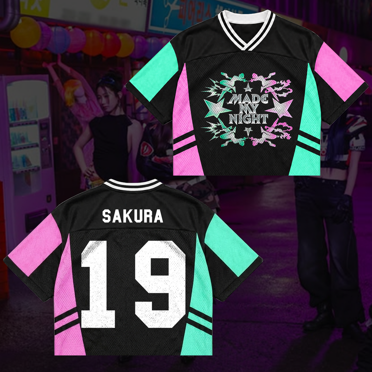 LE SSERAFIM Made My Night Tour Petrolfarbenes/Pinkes Mixed-Mesh-Trikot Fan-Geschenke