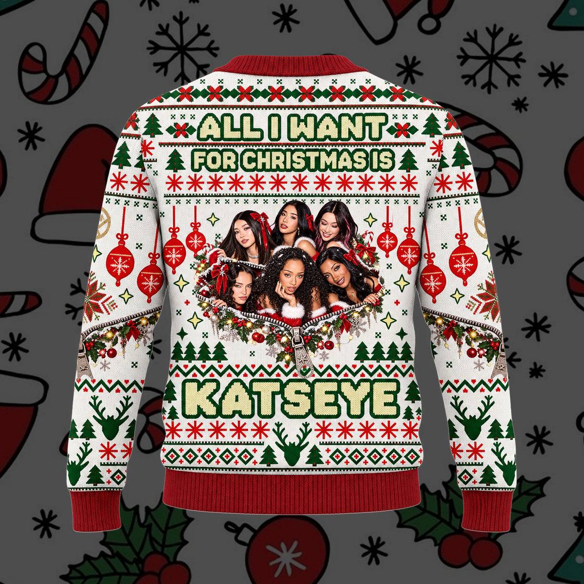 Cozy KATSEYE All I Want For Christmas Is You Festive Baubles Ugly Christmas Cardigan For Eyekons