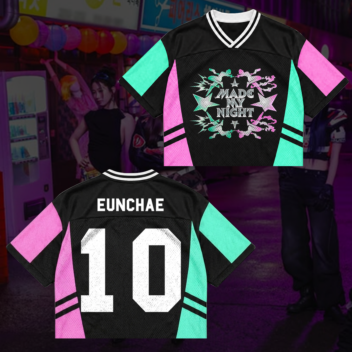 LE SSERAFIM Made My Night Tour Petrolfarbenes/Pinkes Mixed-Mesh-Trikot Fan-Geschenke