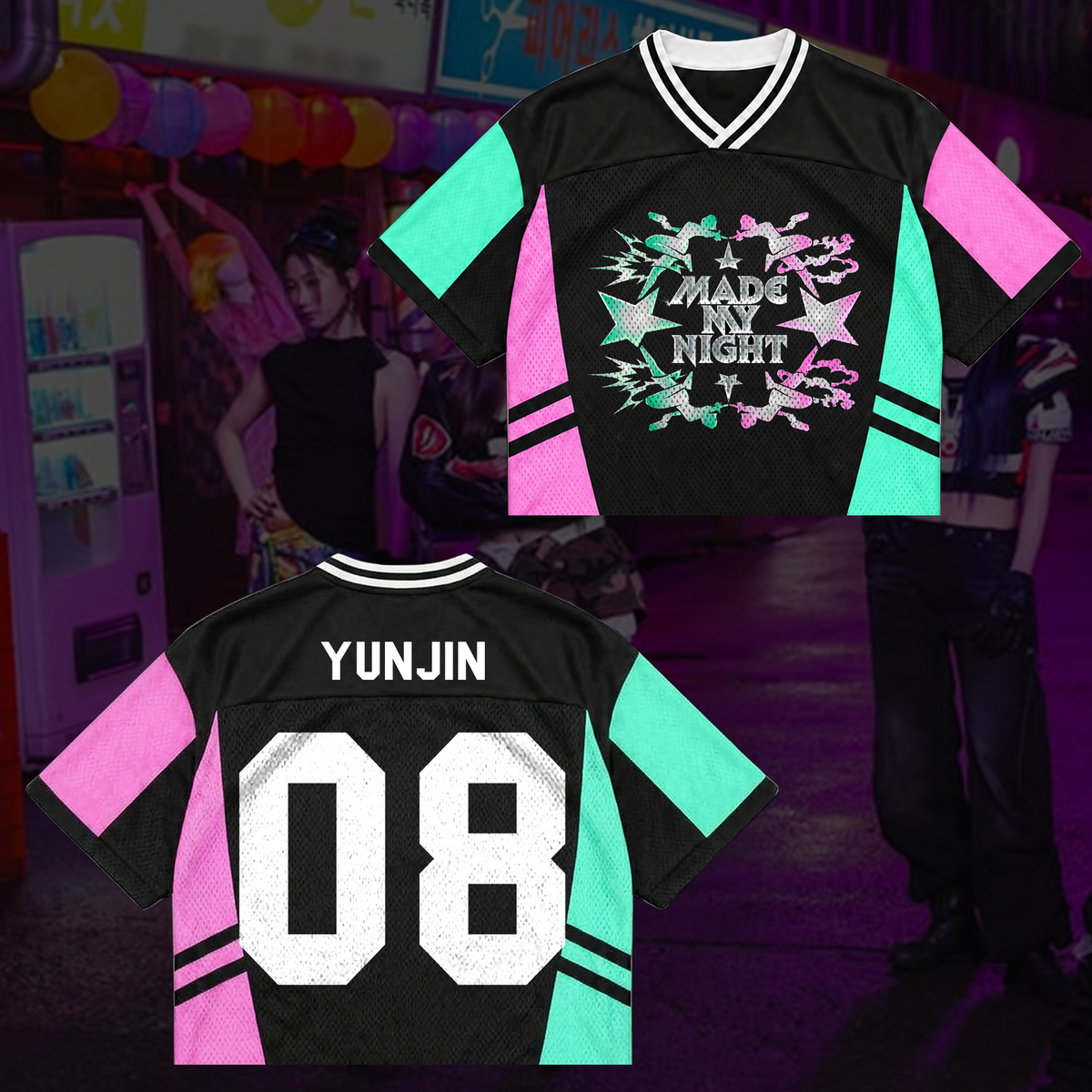 LE SSERAFIM Made My Night Tour Petrolfarbenes/Pinkes Mixed-Mesh-Trikot Fan-Geschenke