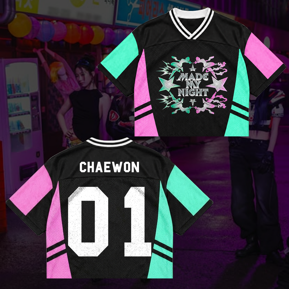LE SSERAFIM Made My Night Tour Petrolfarbenes/Pinkes Mixed-Mesh-Trikot Fan-Geschenke