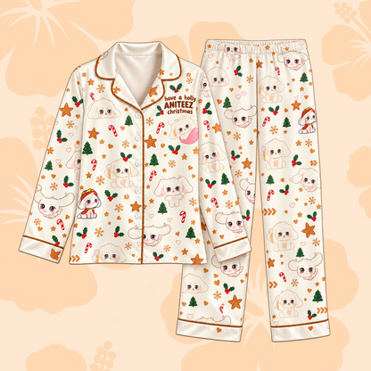 Cozy Have A Holly ANITEEZ Christmas ATEEZ Club Wooyoung Woofang Mascot Ugly Christmas Pajama Set For Atiny