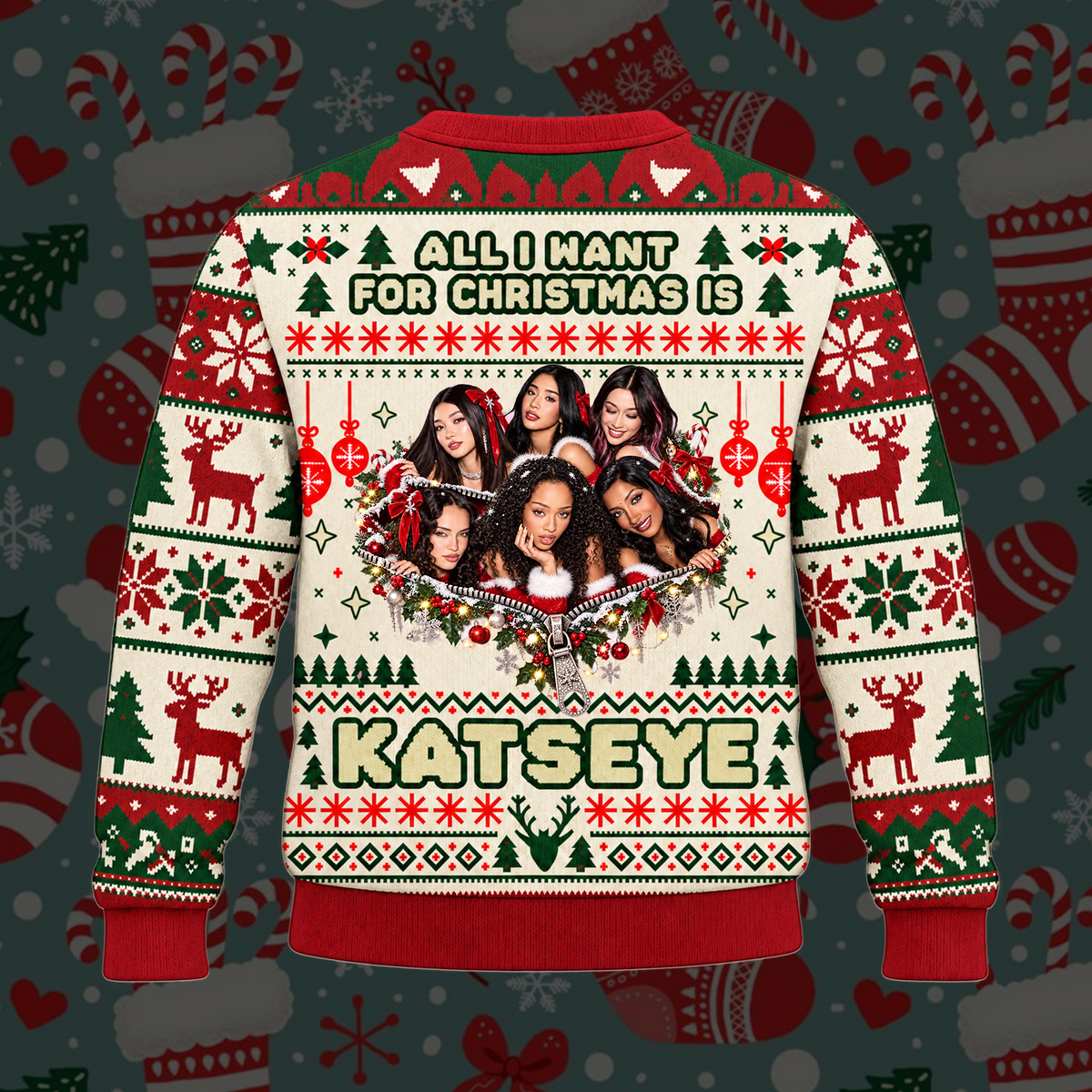 Red KATSEYE All I Want For Christmas Is You Festive Heart Ugly Christmas Sweater For Eyekons
