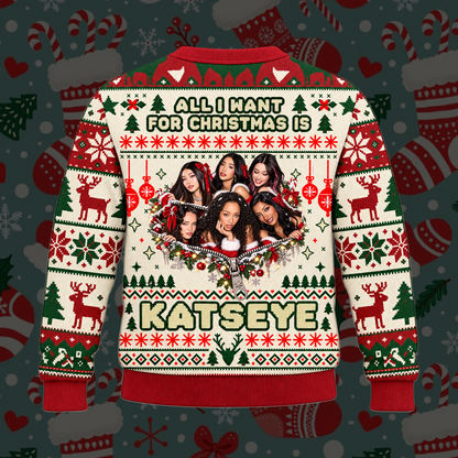 Red KATSEYE All I Want For Christmas Is You Festive Heart Ugly Christmas Sweater For Eyekons