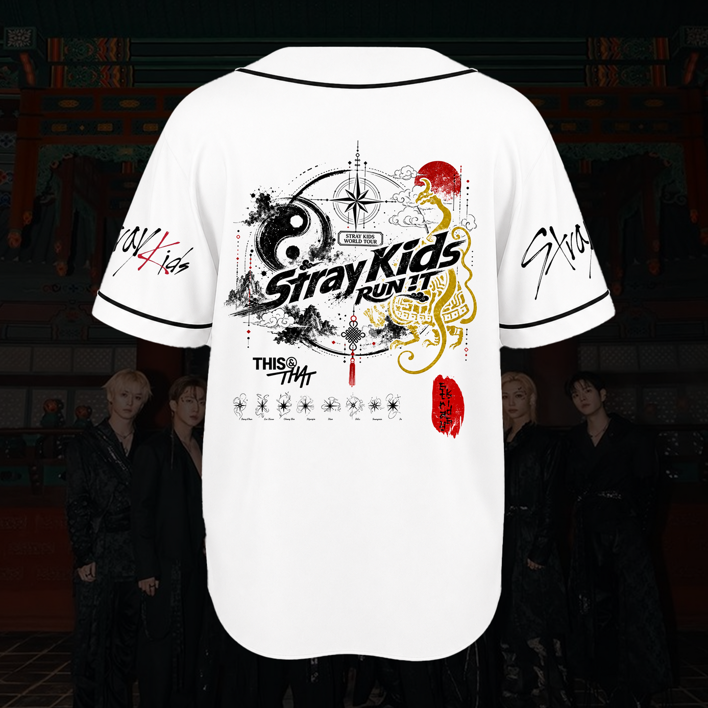 Stray Kids Run It World Tour Baseball Jersey Golden Dragon Red Sun Style Gift For Fans