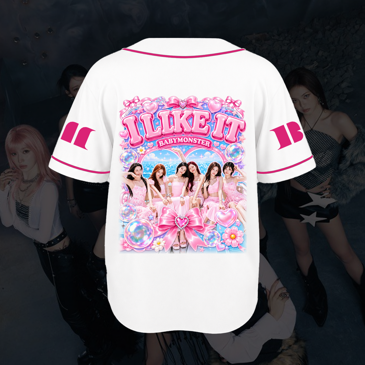 Upbeat I Like It Babymonster Pink Pop Baseball Jersey For Monstiez
