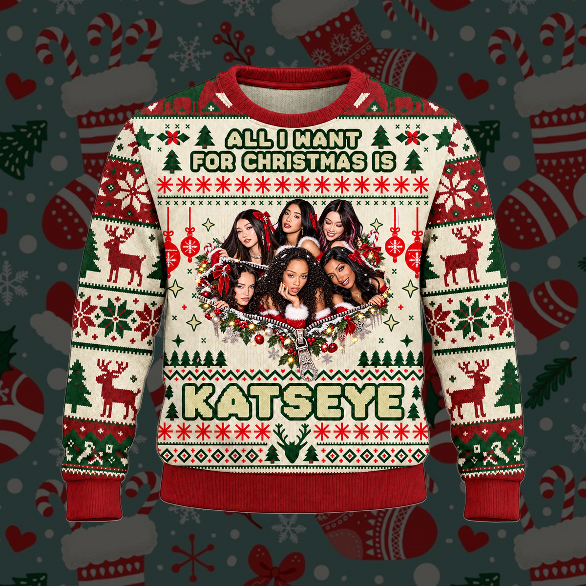 Red KATSEYE All I Want For Christmas Is You Festive Heart Ugly Christmas Sweater For Eyekons