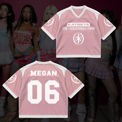 Chic KATSEYE The Wildworld Tour Mixed Mesh Jersey Pastel Pink Streetwear Fan Gifts