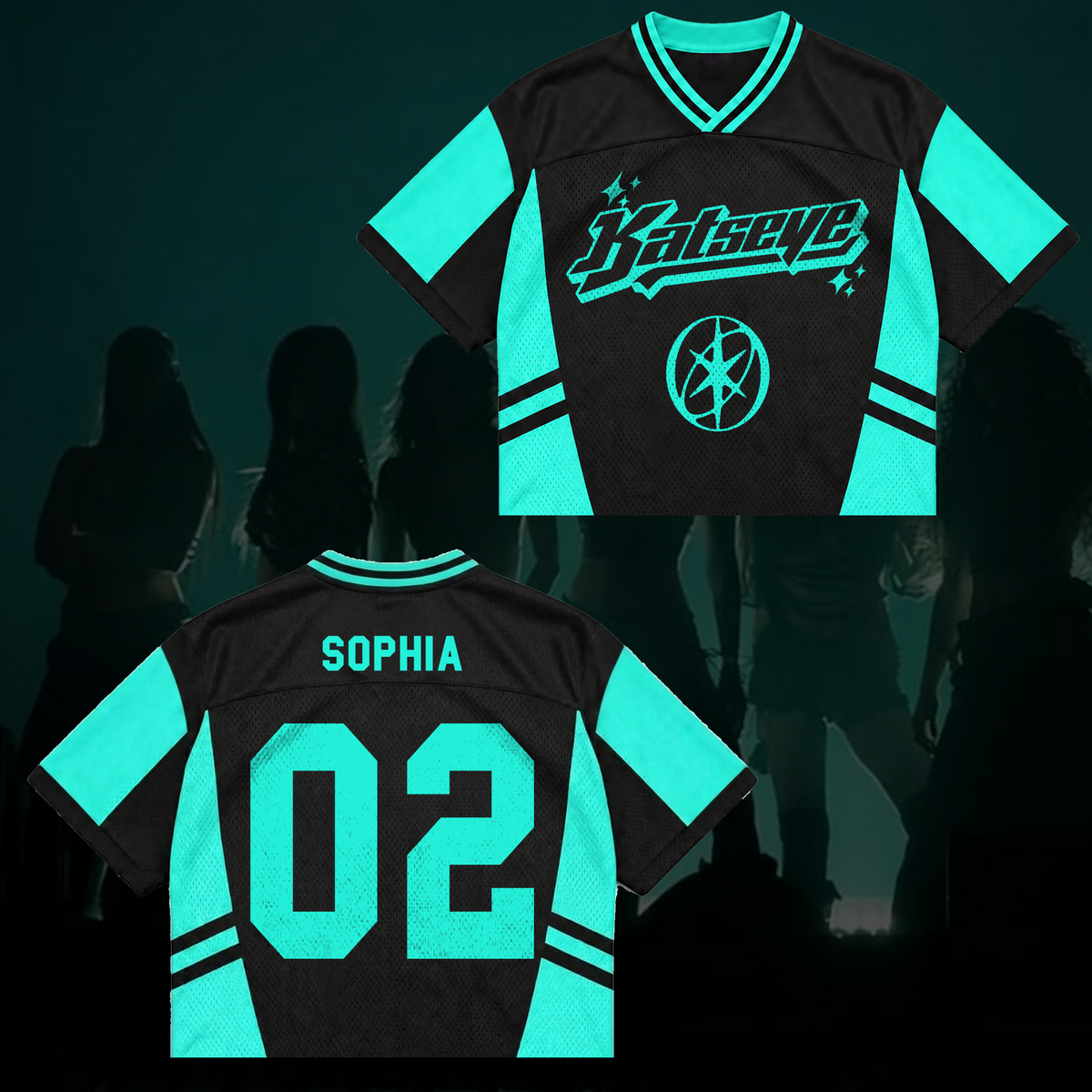 Katseye Wildworld Tour Retro Sporty Teal White Mixed Mesh Jersey Outfit für Eyekons