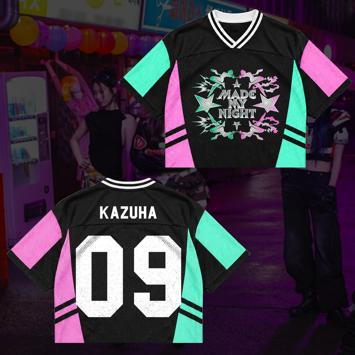 LE SSERAFIM Made My Night Tour Petrolfarbenes/Pinkes Mixed-Mesh-Trikot Fan-Geschenke