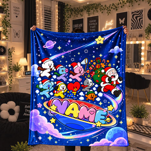 BTS BT21 Custom Name Christmas Fleece Blanket Outer Space Gift For Fans