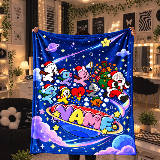 BTS BT21 Custom Name Christmas Fleece Blanket Outer Space Gift For Fans