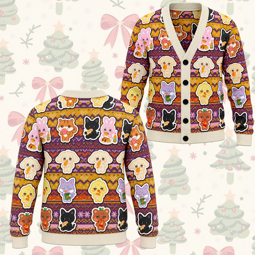 Cozy ATEEZ All Members Mascot Fair Isle Knitted Cardigan For Atiny