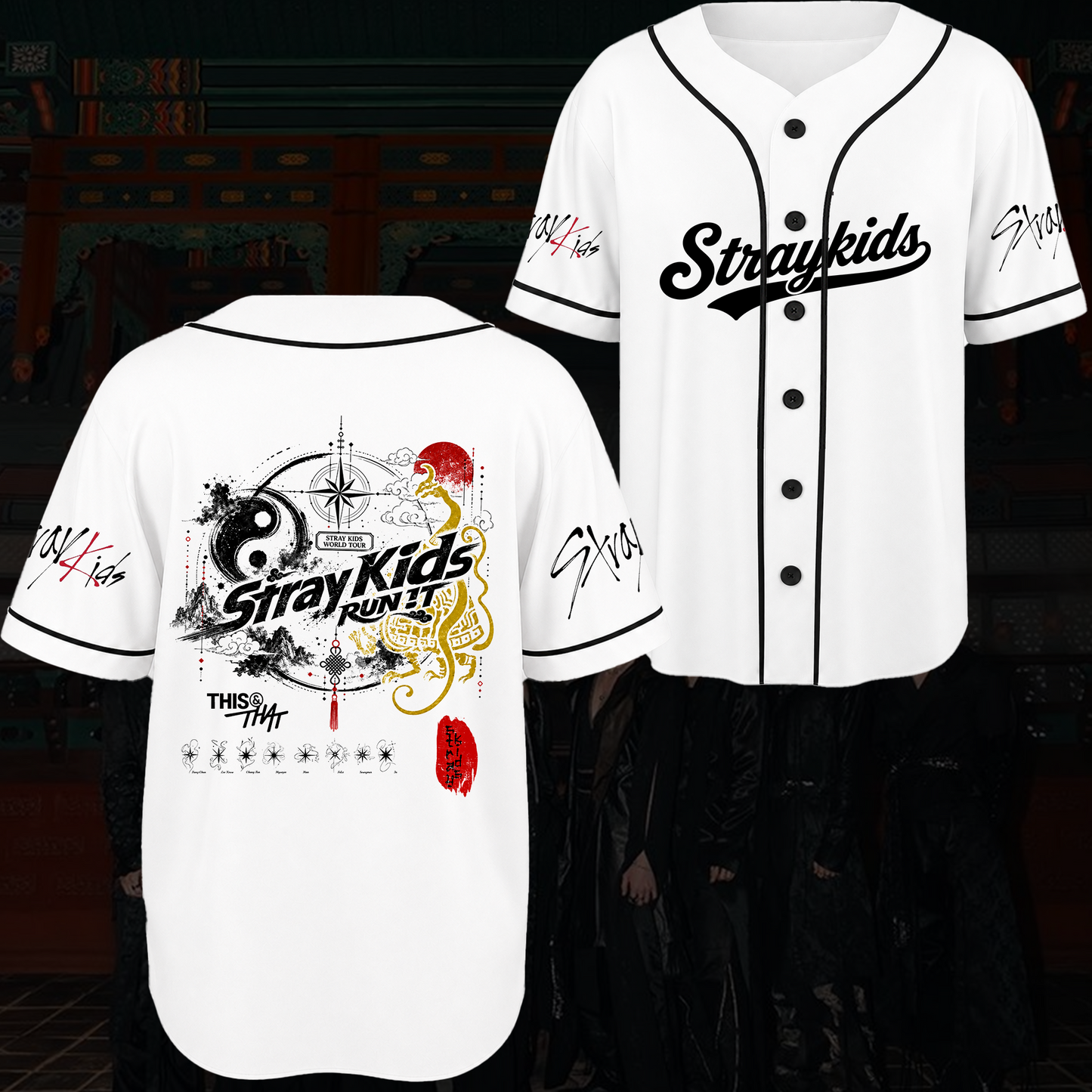 Stray Kids Run It World Tour Baseball Jersey Golden Dragon Red Sun Style Gift For Fans